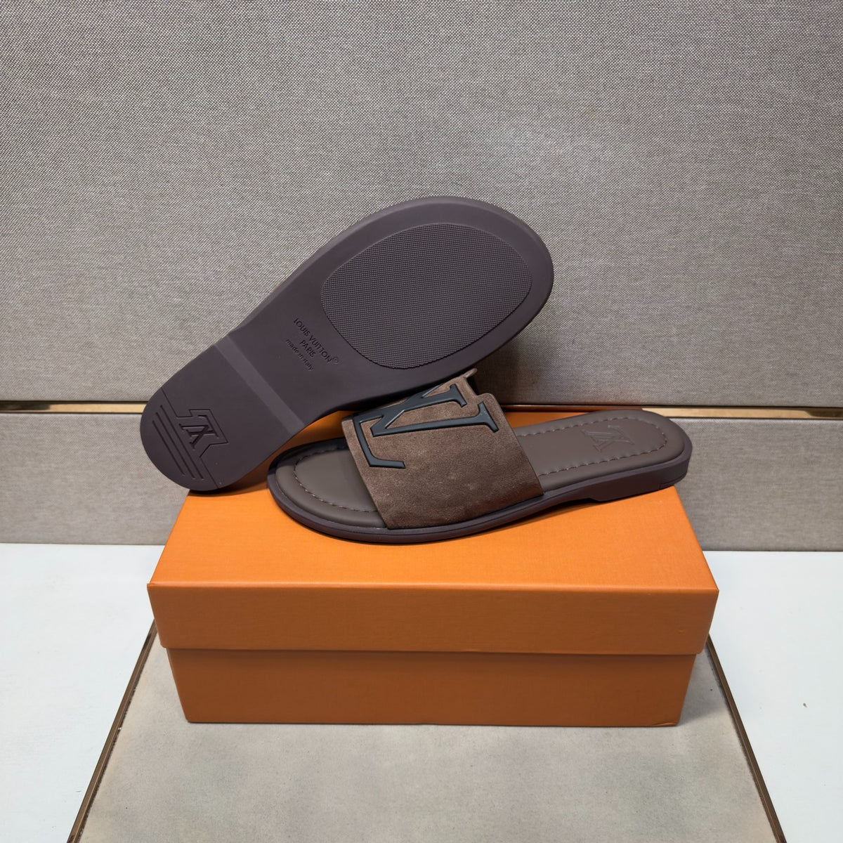 Louis Vuitton Men's Dark Brown Suede Slide Sandals