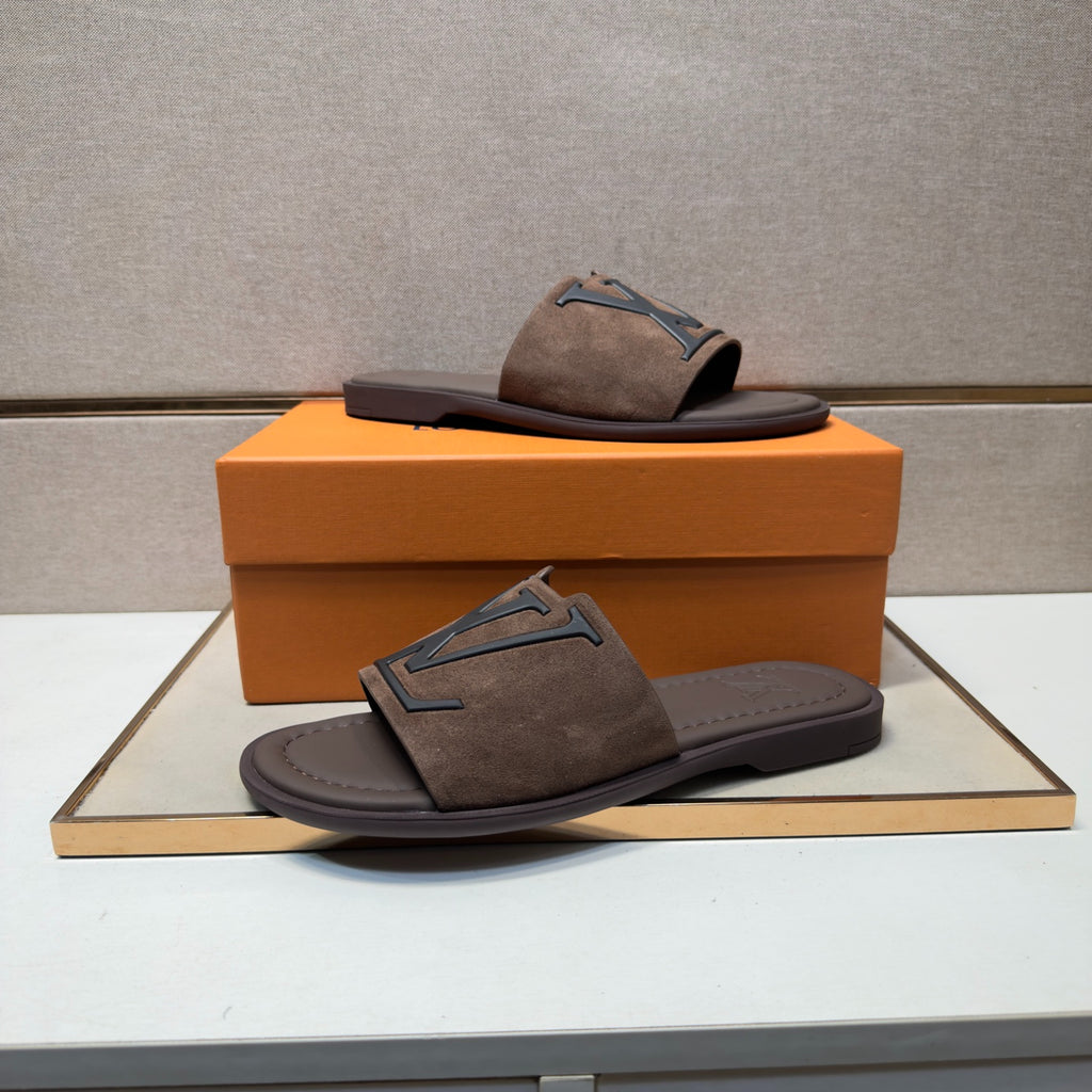 Louis Vuitton Men's Dark Brown Suede Slide Sandals