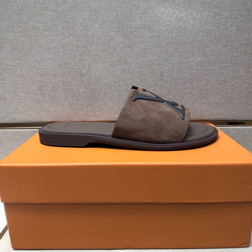 Louis Vuitton Men's Dark Brown Suede Slide Sandals