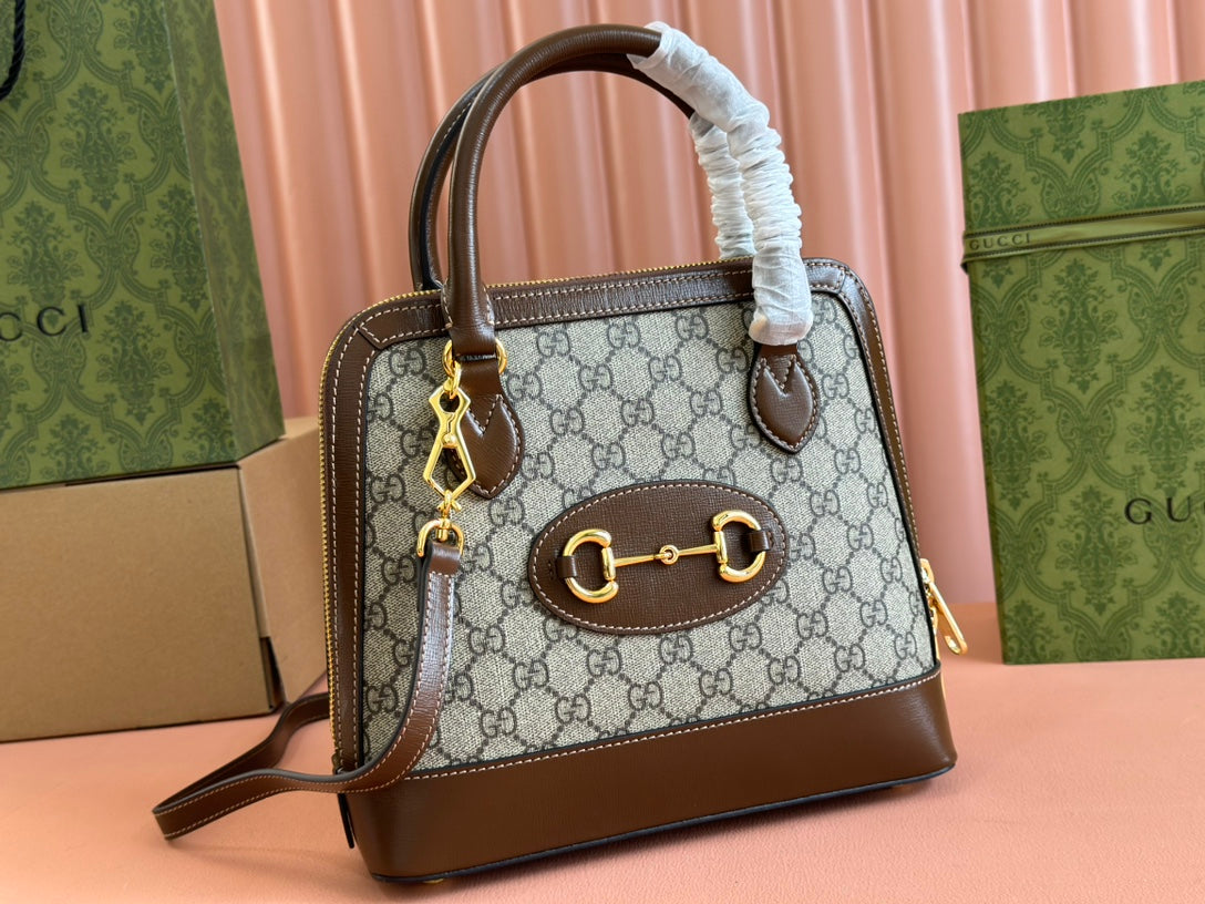 GG Horsebit 1955 Small Top Handle Bag Beige & Dark Brown GG Monogram Fabric 272173