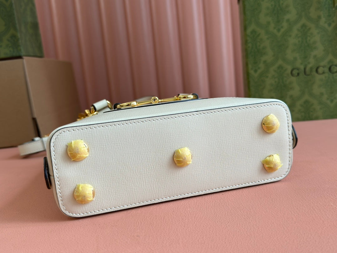 GG Horsebit 1955 Small Top Handle Bag Beige & White GG Monogram Fabric 272171