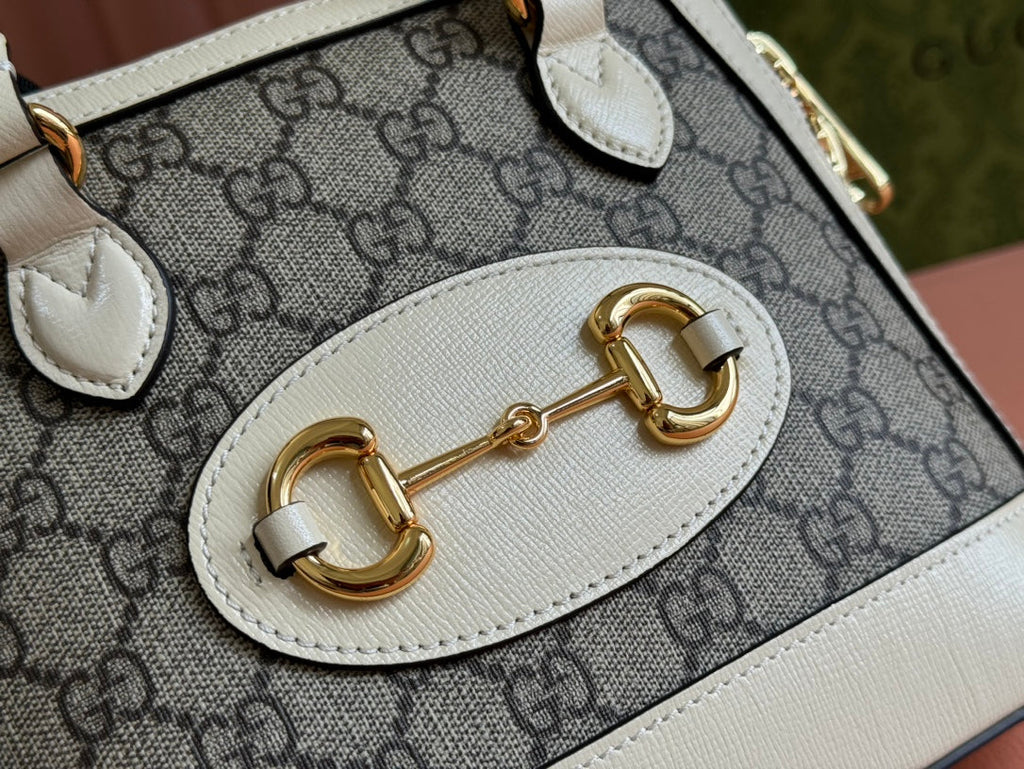 GG Horsebit 1955 Small Top Handle Bag Beige & White GG Monogram Fabric 272171