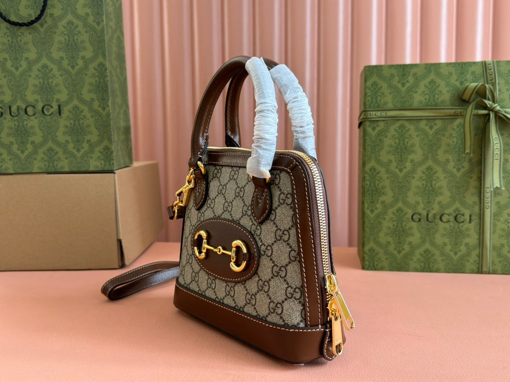 GG Horsebit 1955 Small Top Handle Bag Beige & Black GG Monogram Fabric 272170