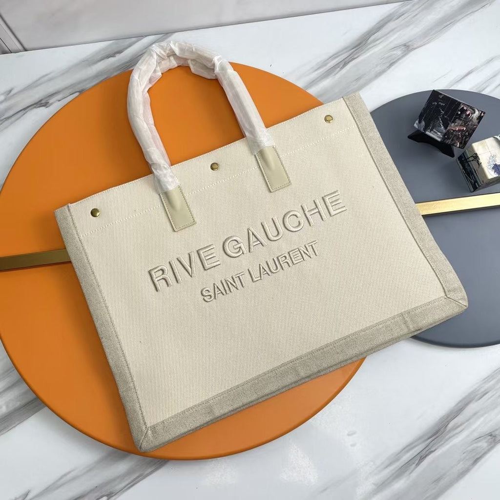 Rive Gauche Tote Ivory Canvas Leather Trim 286036