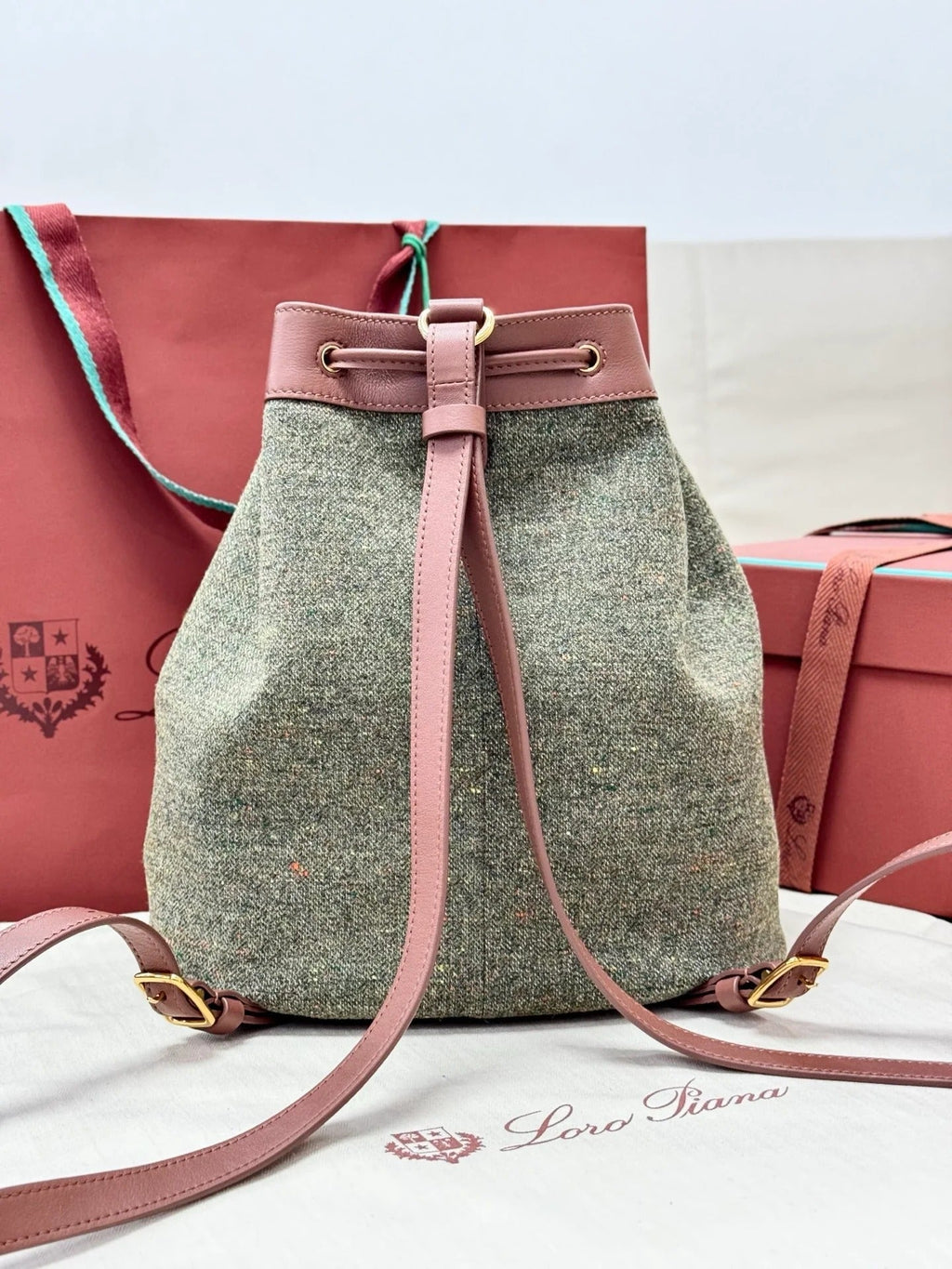 LP 2026 Extra Drawstring Backpack L27 Countryside Sage mix Burnt Tan Wool Leather