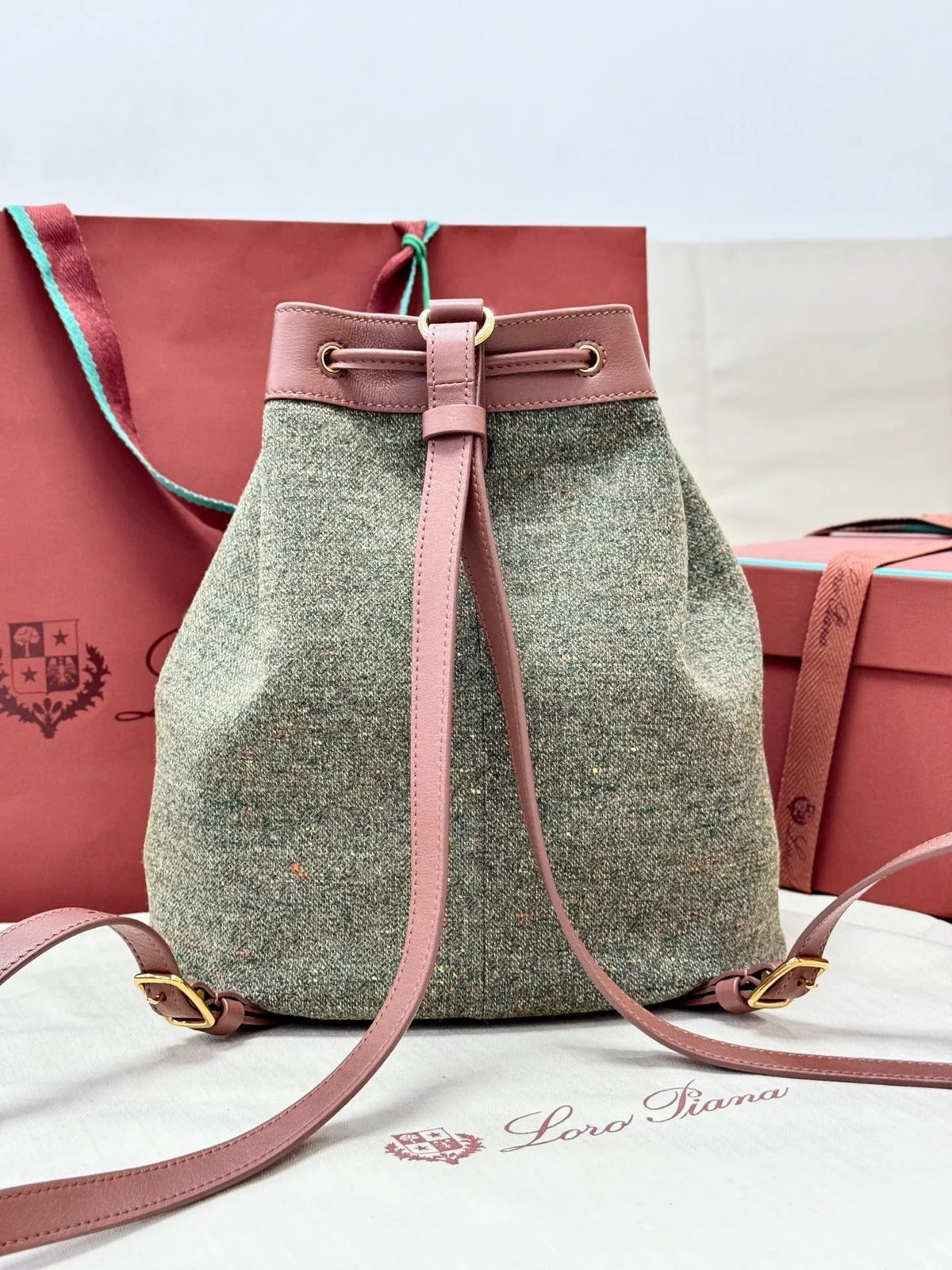 LP 2026 Extra Drawstring Backpack L27 Countryside Sage mix Burnt Tan Wool Leather
