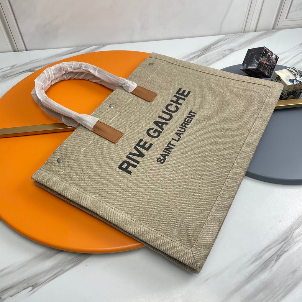 Rive Gauche Tote Brown Taupe Canvas Leather Trim 286030