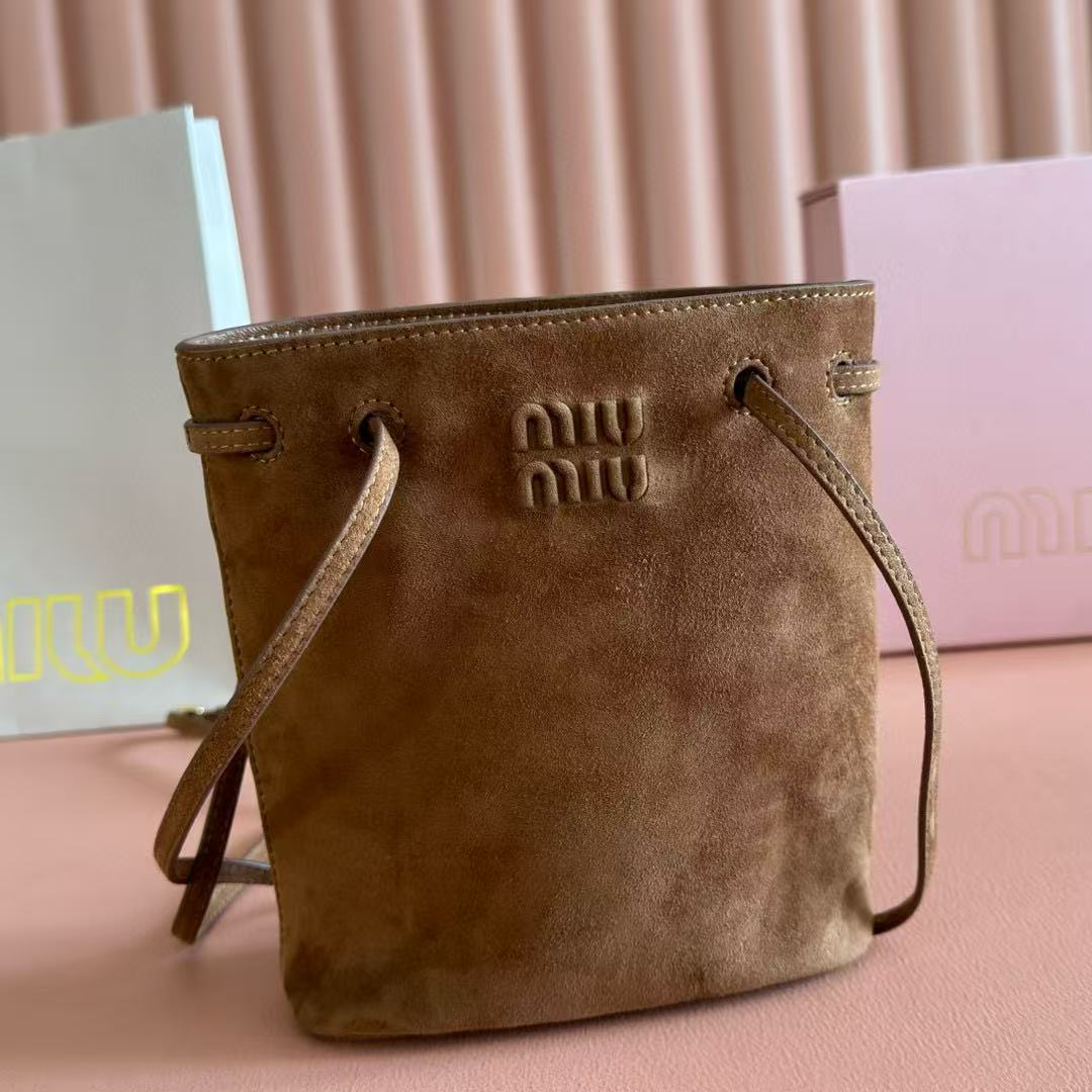 Miu Bucket Bag 14cm Brown Suede