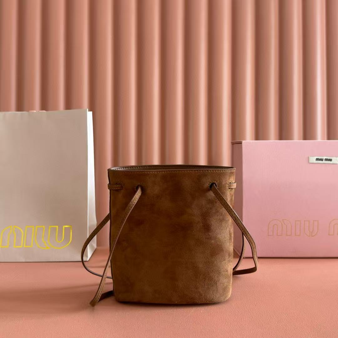 Miu Bucket Bag 14cm Brown Suede