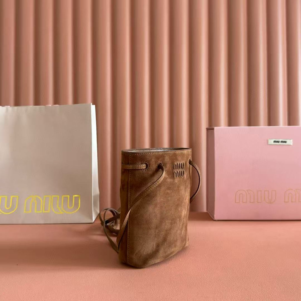 Miu Bucket Bag 14cm Brown Suede