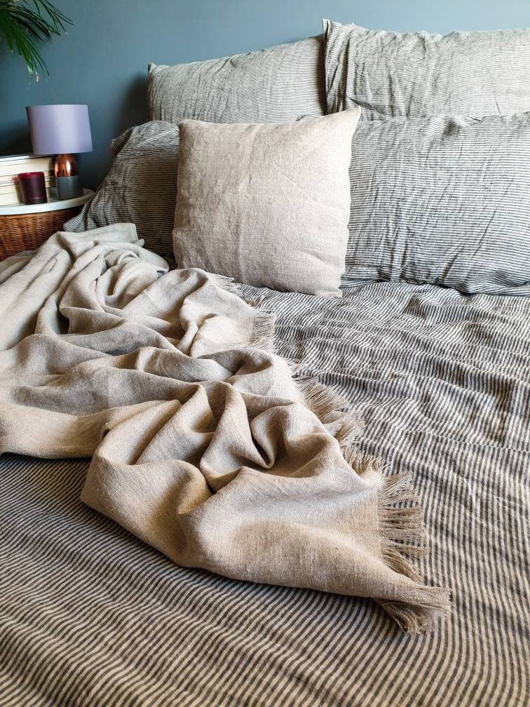 Heavy raw linen blanket, softened rustic linen couch cover, farmhouse inspire beige fringed linen throw beach wrap, rough texture sofa throw
