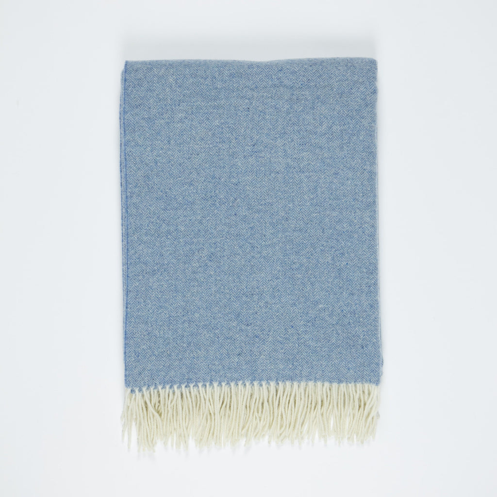Cashmere Merino Wool Throw Blanket: Light Blue Herringbone Weave