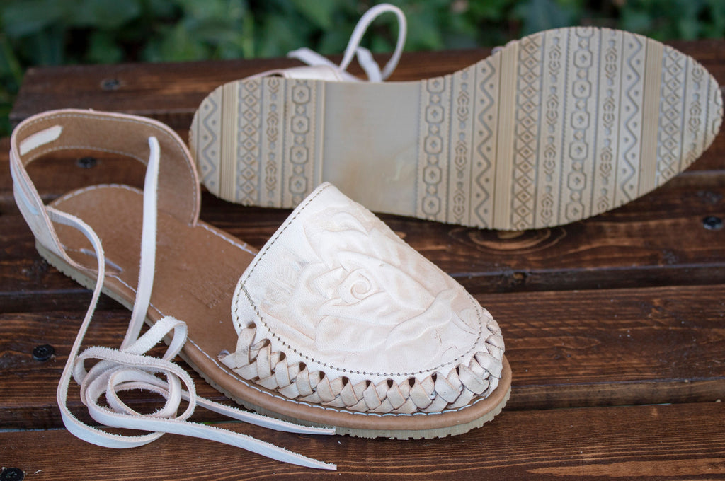 Womens LEATHER rose stamped lace up flat huarache MEXICAN SANDALS