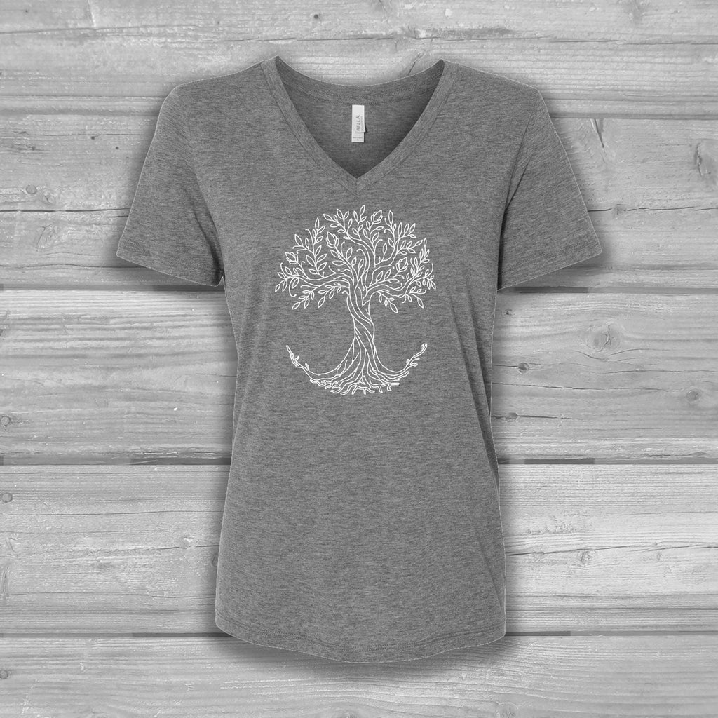 Tree of Life Womens V-Neck T-Shirt, Rooted: Bella Relaxed Fit, Lightweight, Soft Top