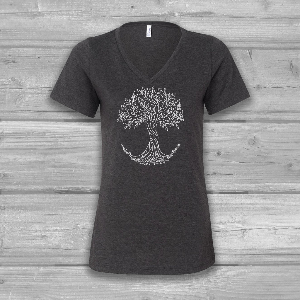 Tree of Life Womens V-Neck T-Shirt, Rooted: Bella Relaxed Fit, Lightweight, Soft Top