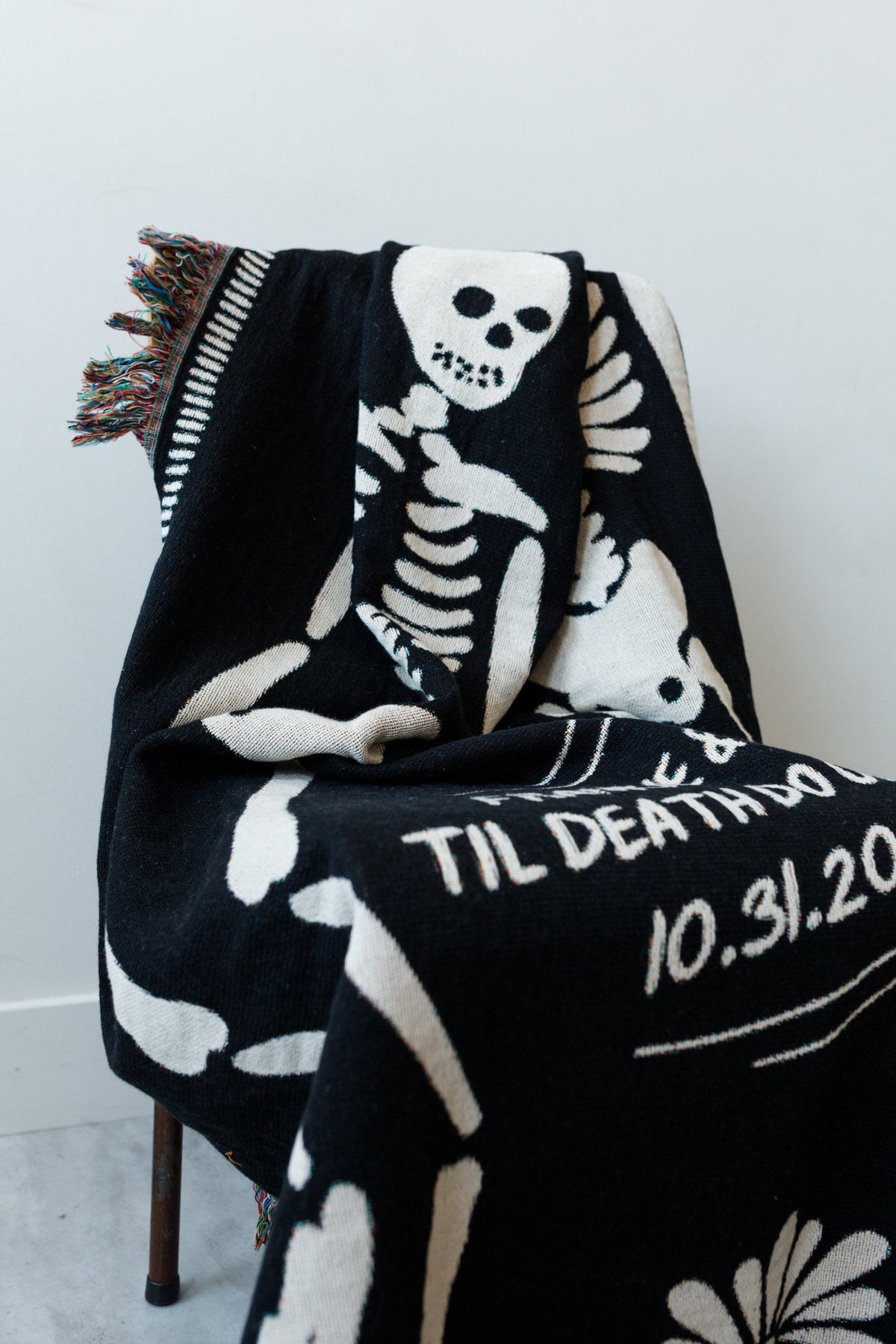 Personalized Skeleton Blanket: Til Death Do Us Part Woven Throw, Spooky Skull Decor, Wedding or Valentines Present, Halloween Goth Wedding