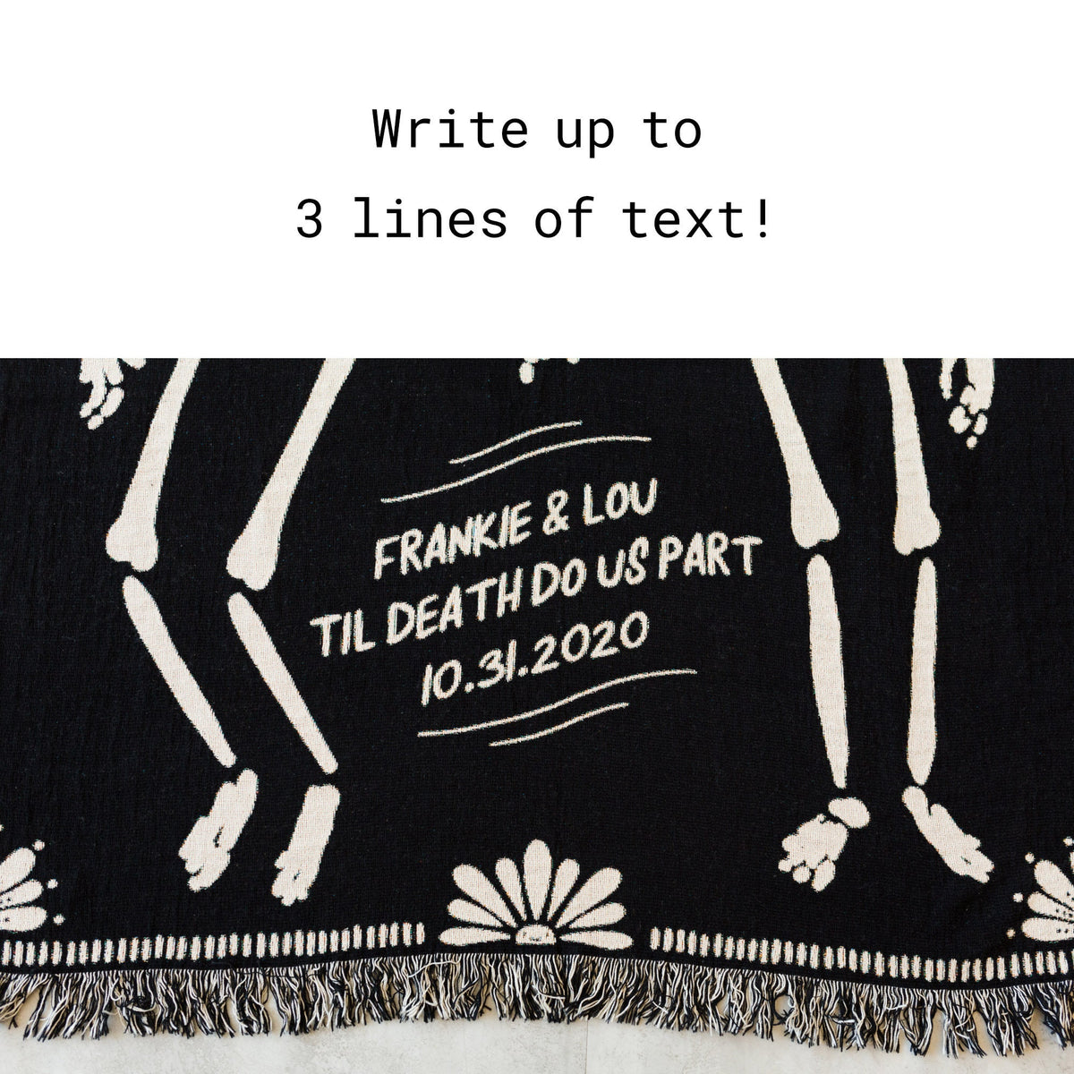 Personalized Skeleton Blanket: Til Death Do Us Part Woven Throw, Spooky Skull Decor, Wedding or Valentines Present, Halloween Goth Wedding