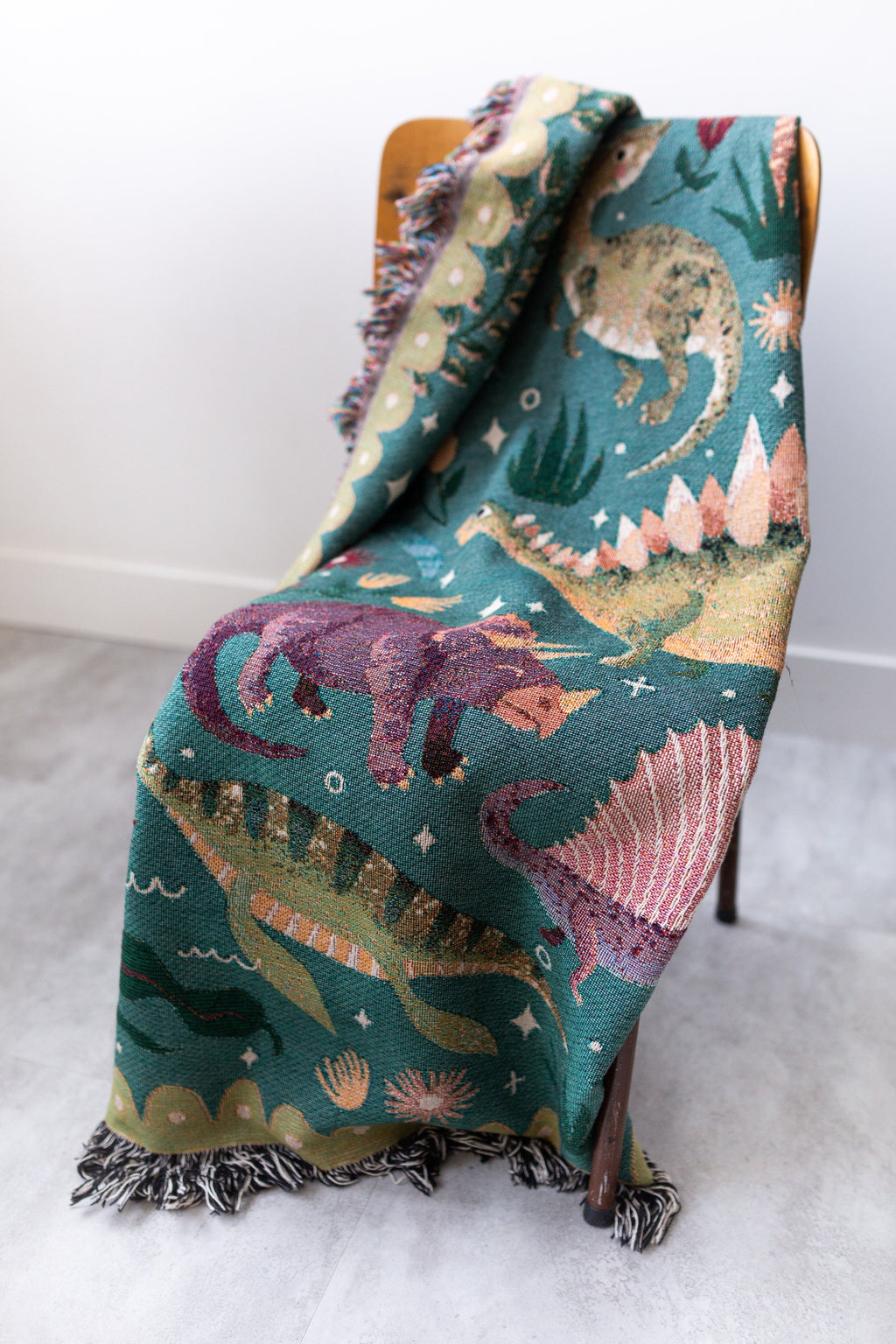 Dinosaur Personalized Throw Blanket: Woven Cotton Throw, Cute Stegosaurus Brontosaurus Triceratops, Colorful Kids Teen Bedroom, Christmas