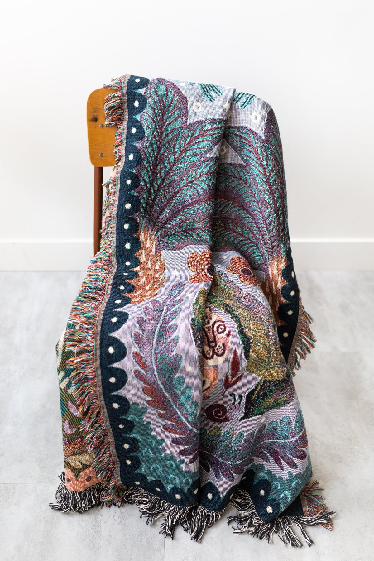 Jungle Tiger Throw Blanket: Woven Cotton Throw, Cute Animals, Colorful Purple Decor, Kids Teen Bedroom, Plants Leaves Flowers, Maximalist