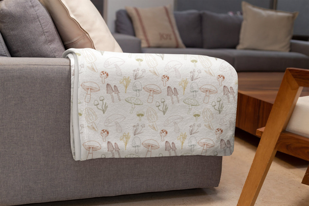 Neutral Mushroom Plush Blanket | Toadstool Woodland Theme Cozy Velveteen Throw Blanket | Living Room, Bedroom, Teen, Kids, Dorm Room Gift