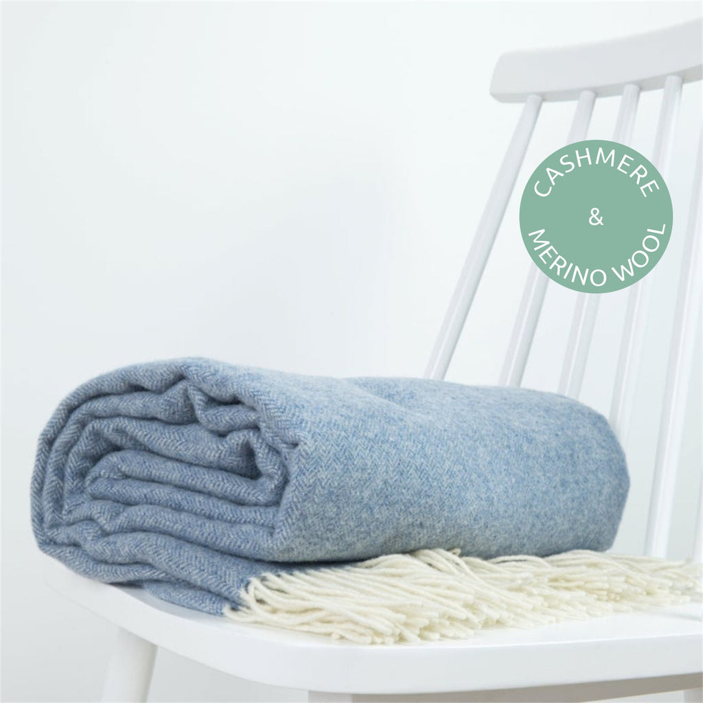 Cashmere Merino Wool Throw Blanket: Light Blue Herringbone Weave