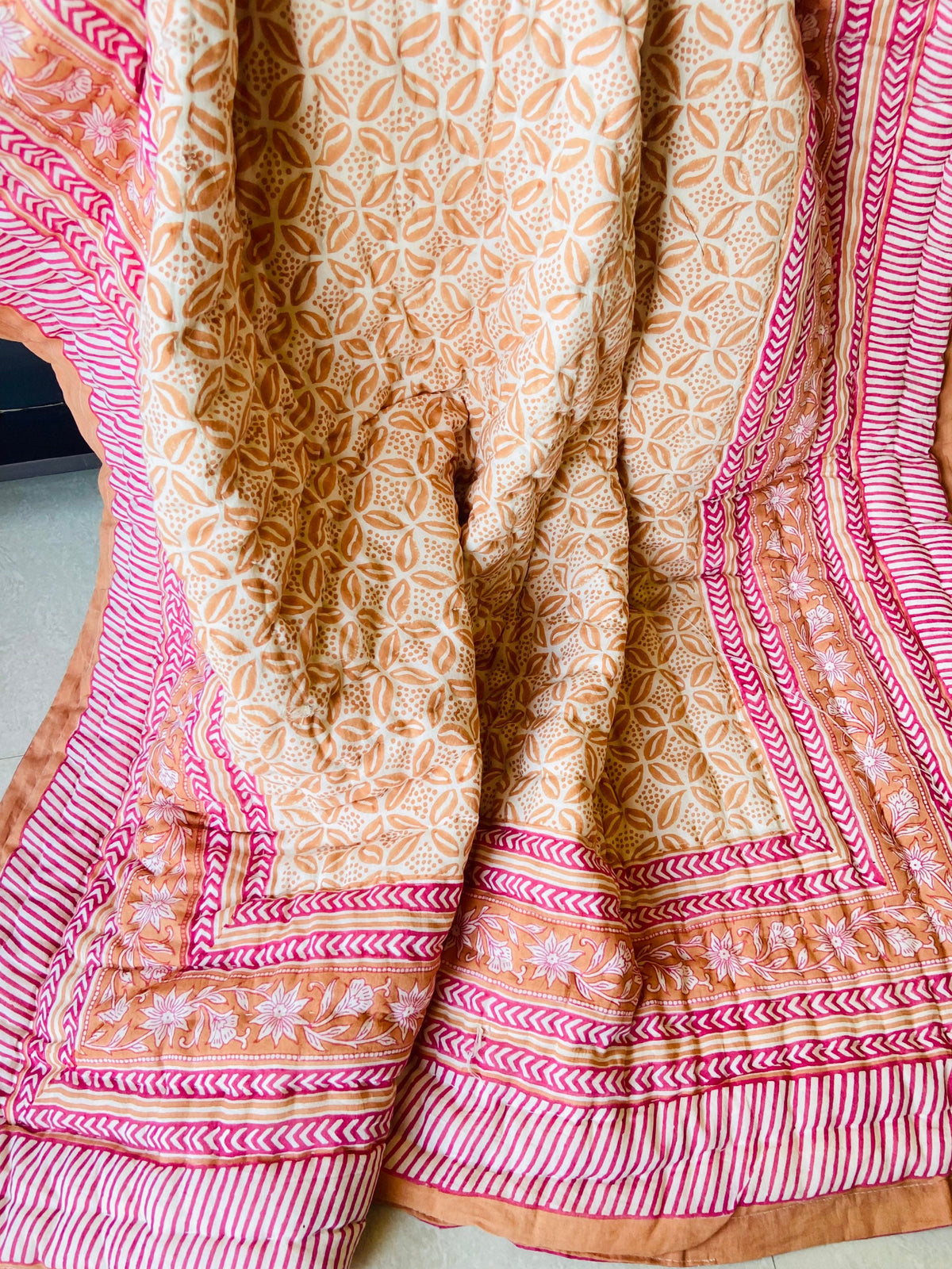 Hand Block Print Queen Quilt: Indian Kantha Cotton Bedspread