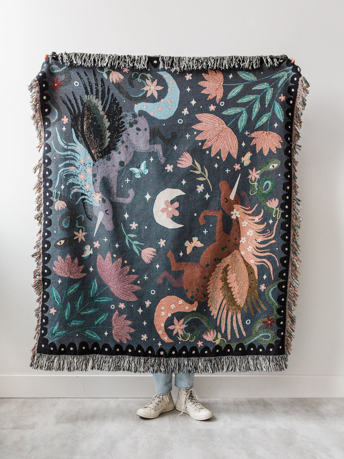 Unicorn Night Throw Blanket: Woven Cotton Throw, Boho Kids Bedding, Purple Blue, Lunar Celestial Moon, Pegasus Horse, Colorful Maximalist