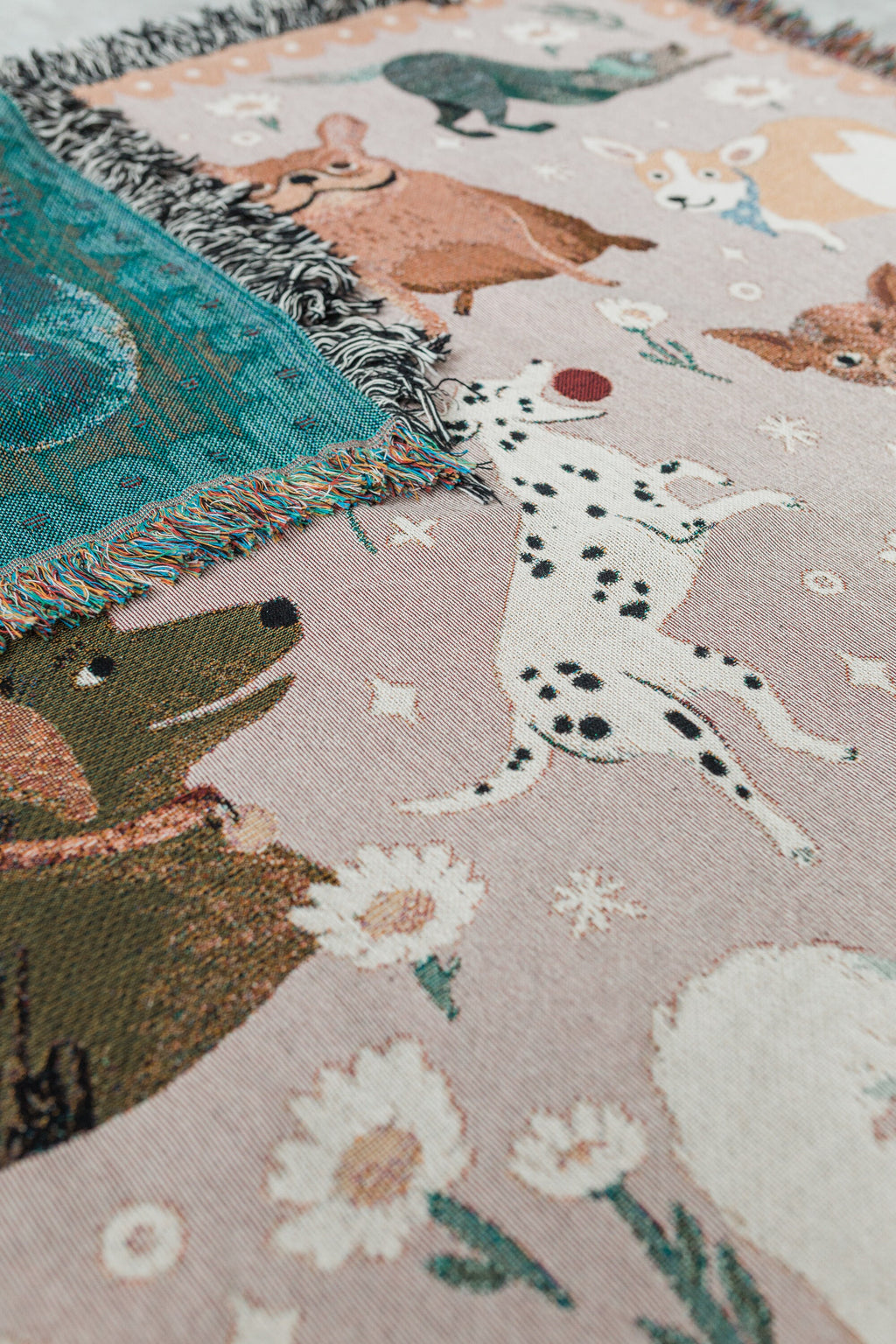 Dog Throw Blanket: Woven Cotton Throw, Pink Animals Blanket, Chocolate Lab, Bulldog, Dachshund, Husky, Chihuahua, Cute Kawaii Maximalist