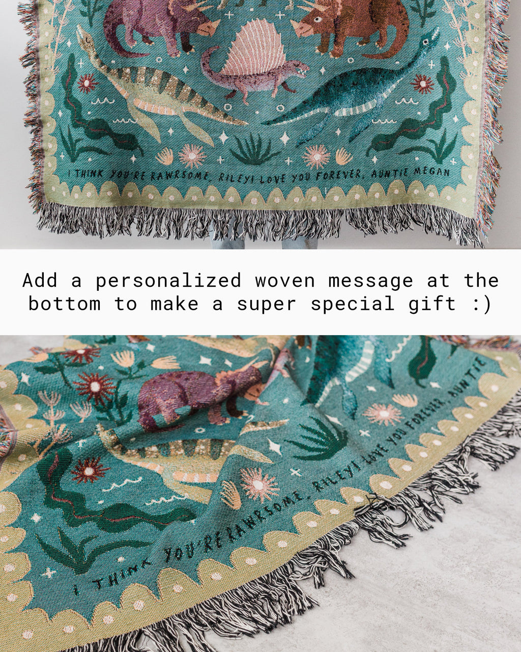 Dinosaur Personalized Throw Blanket: Woven Cotton Throw, Cute Stegosaurus Brontosaurus Triceratops, Colorful Kids Teen Bedroom, Christmas