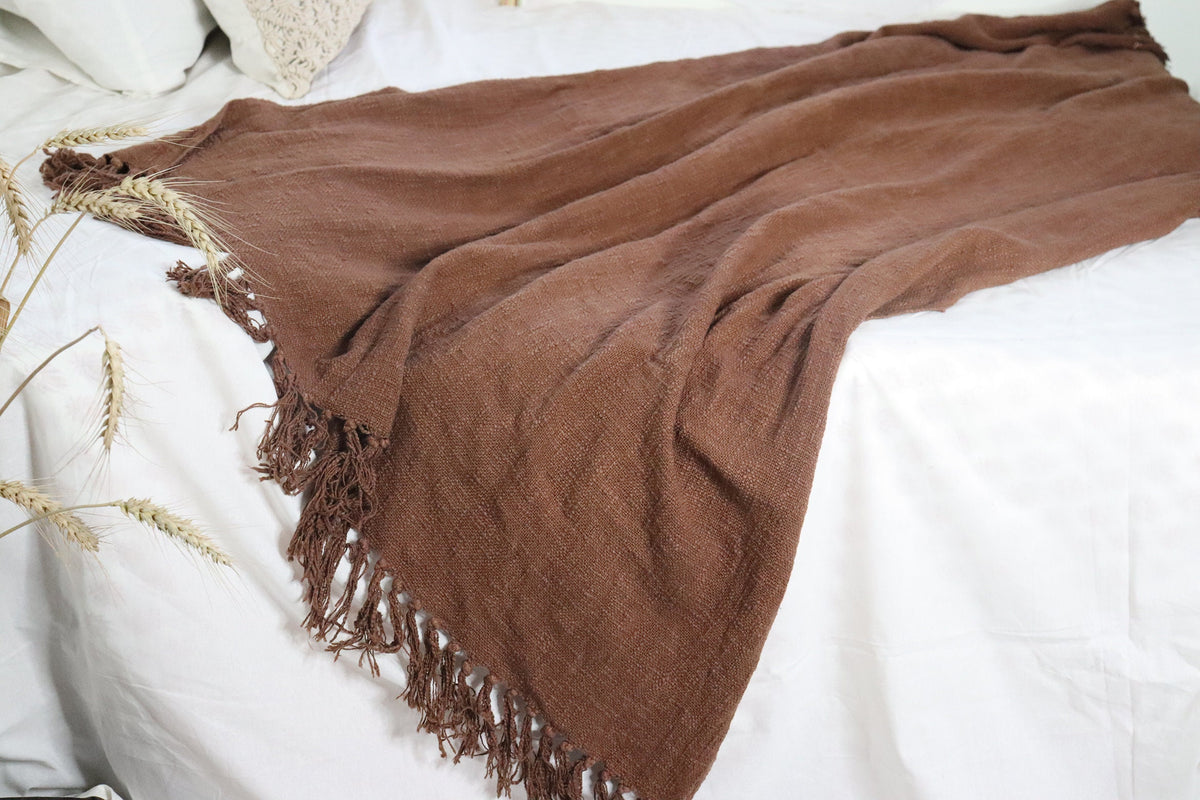 Handwoven Brown Cotton Throw Blanket: Rustic Bohemian Sofa Decor