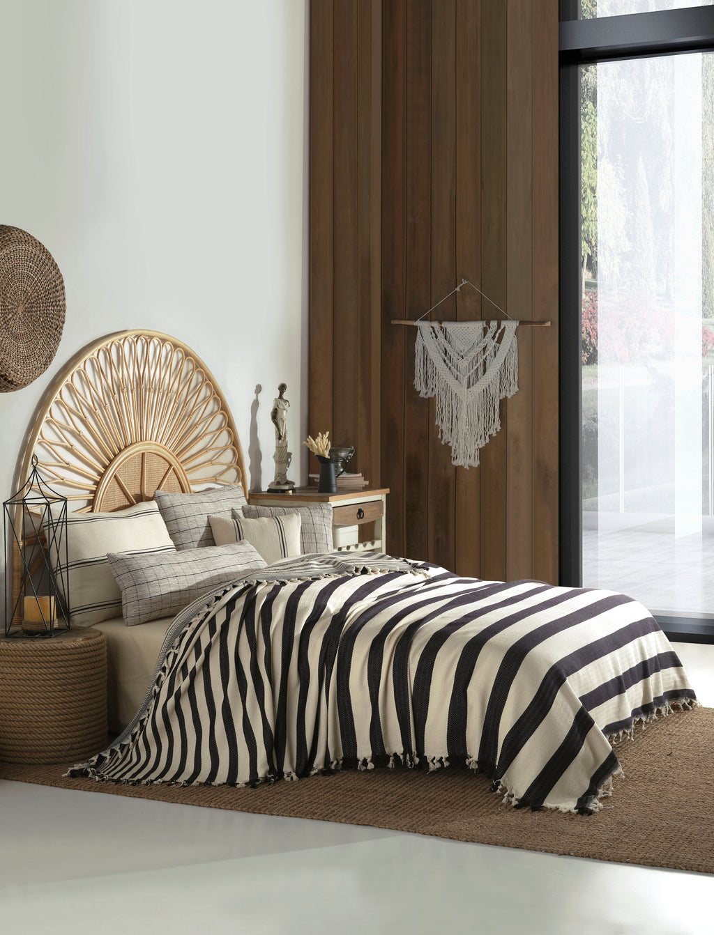 Cotton Throw, Boho Bedspread, Black and Cream Home Decor, Organic Handmade Queen Size Blanket