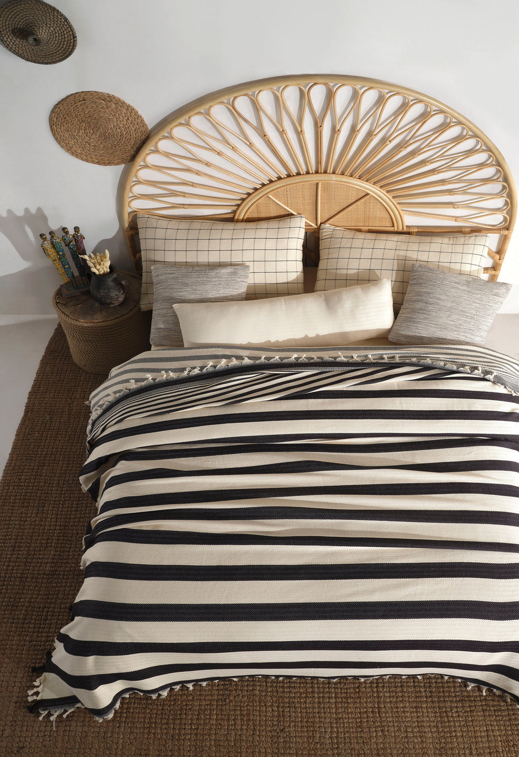 Cotton Throw, Boho Bedspread, Black and Cream Home Decor, Organic Handmade Queen Size Blanket