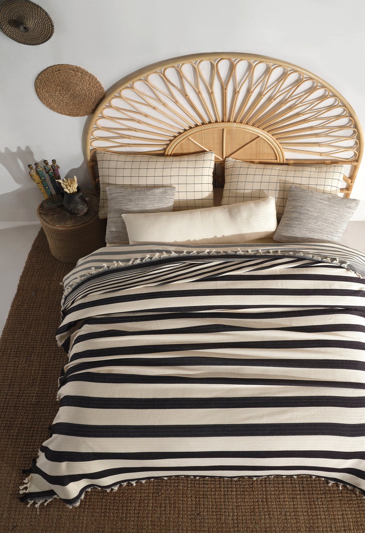 Cotton Throw, Boho Bedspread, Black and Cream Home Decor, Organic Handmade Queen Size Blanket