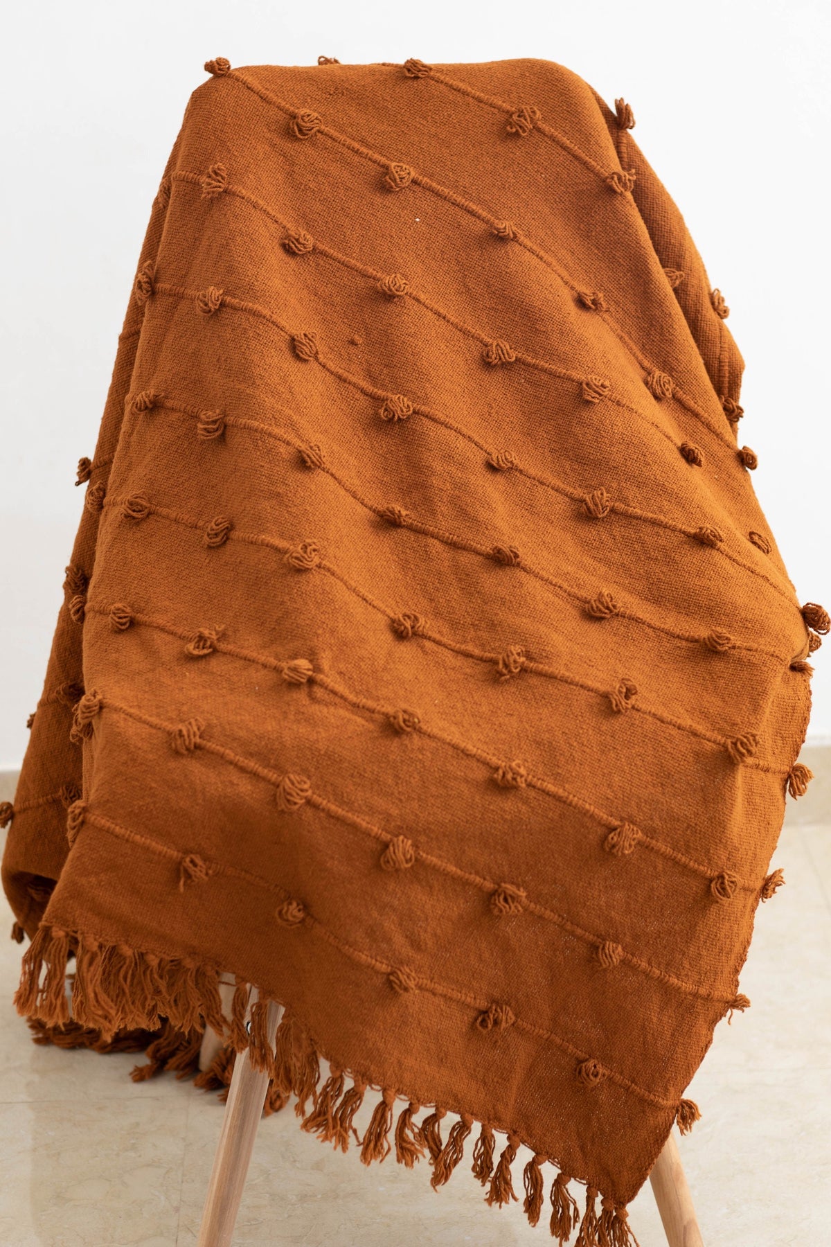 Cotton Throw Blanket - Chunky Knitted Handloom Loops & Fringe Rust Blanket