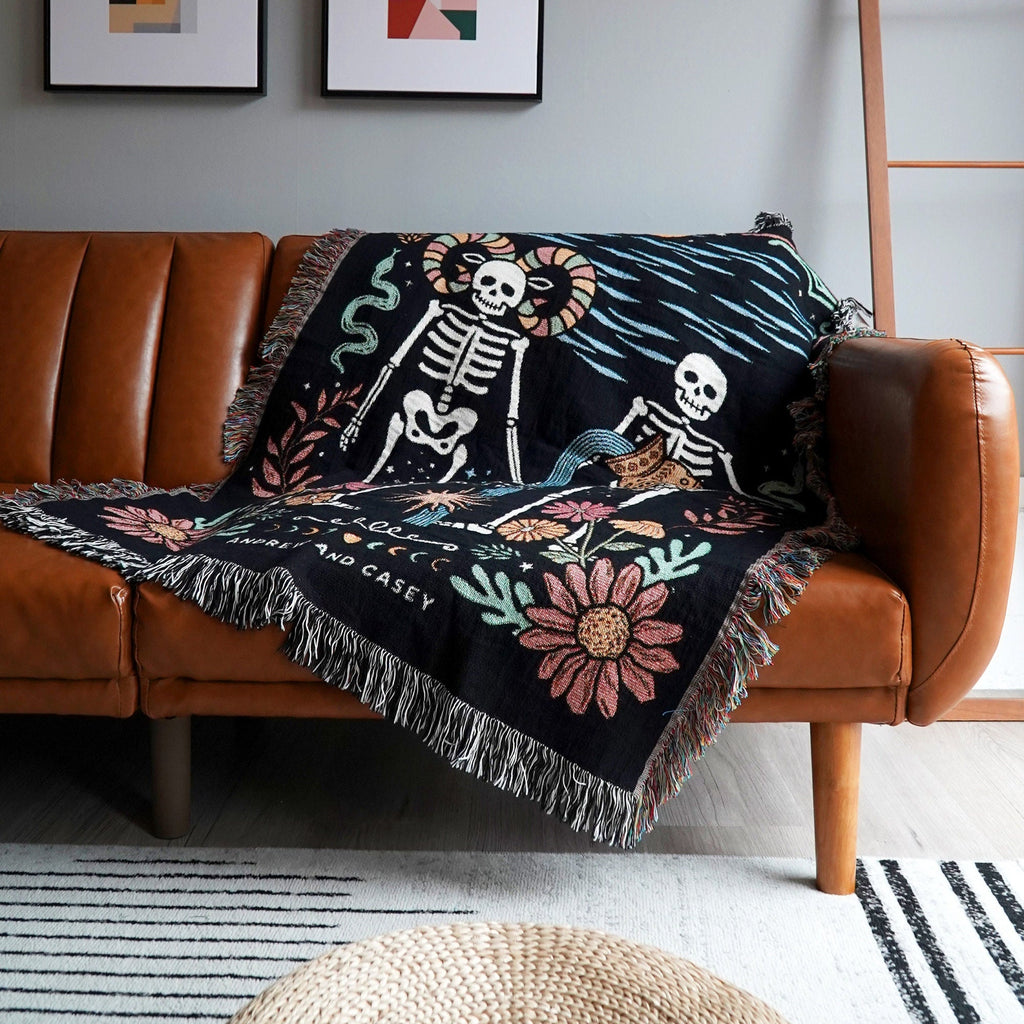 New Custom Couple Personalized Zodiac Skeleton Woven Blanket For Couples | Custom Astrology Couple Gifts Zodiac Couple Gifts With Skeletons