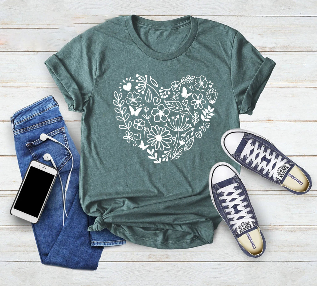 Flower Heart T-Shirt, Flower Shirt, Wildflowers T-Shirts,  Botanic Shirt, Plant Lady Shirt, Floral Shirt, Plant Mama Shirt, Botanical Shirt