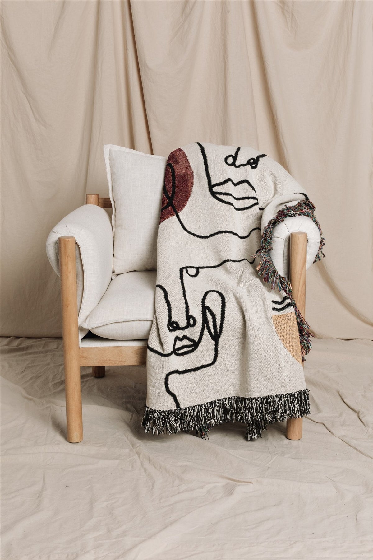 Warm Toned Home Accessory: 100% Cotton Personalized Throw Blanket, Abstract Line Faces Design