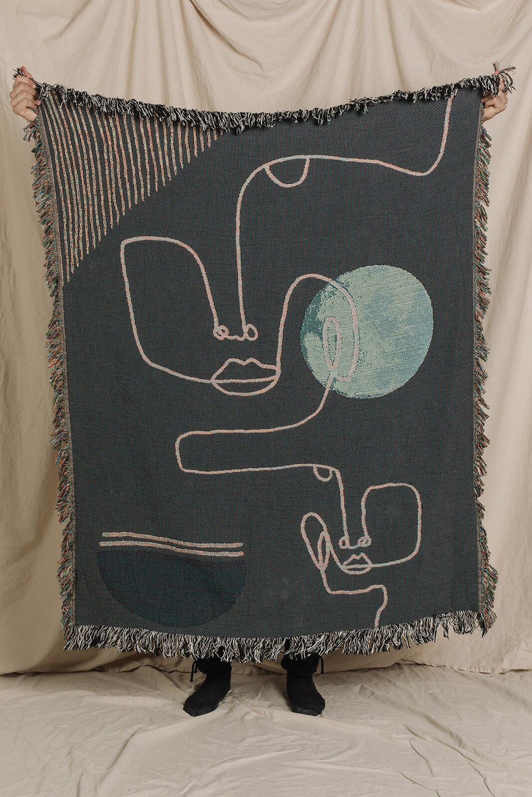 Warm Toned Home Accessory: 100% Cotton Personalized Throw Blanket, Abstract Line Faces Design