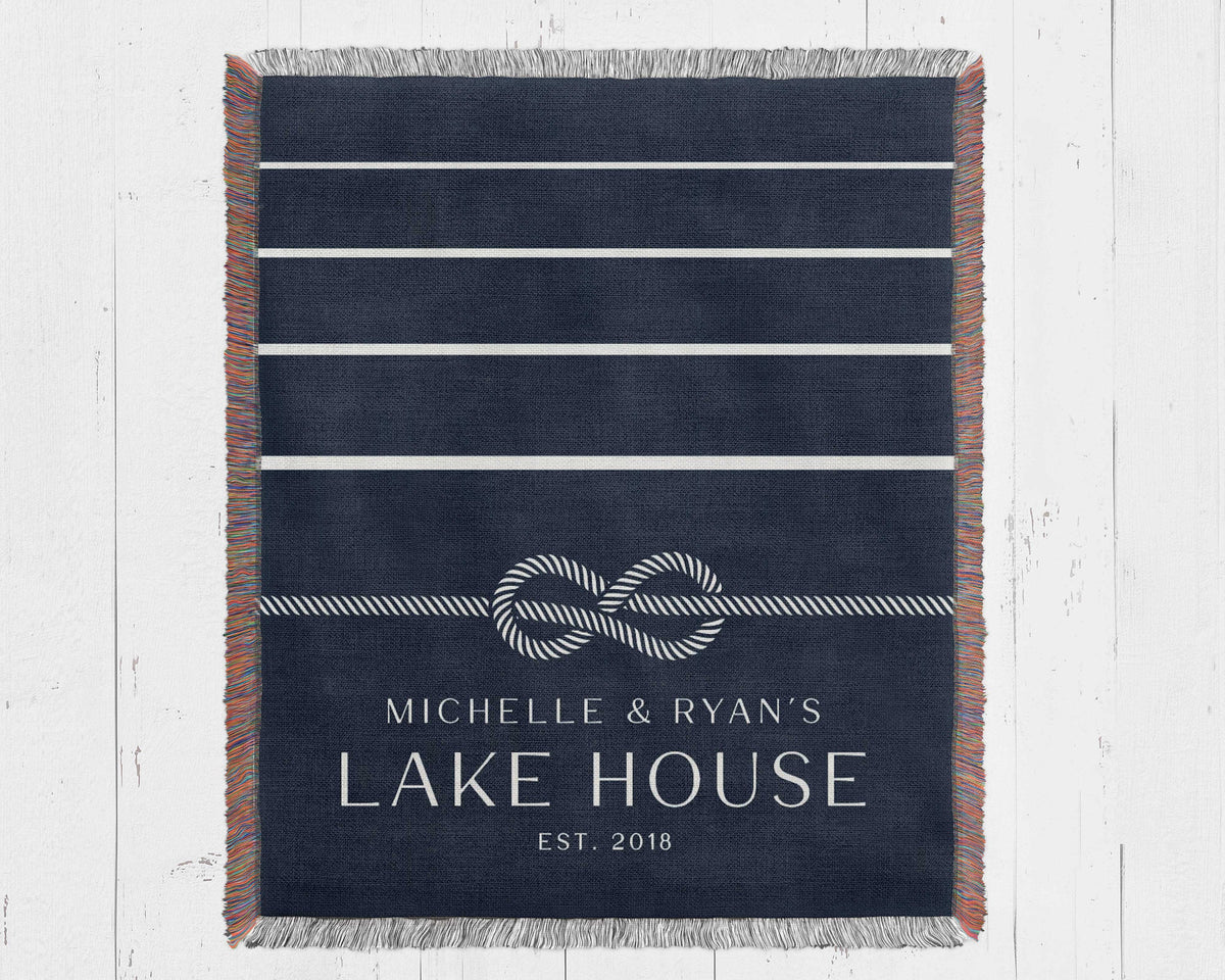 Lake House Decor Woven Blanket Custom Personalized family name Throw blanket gift for Lakehouse home owners, nautical home decor beach house