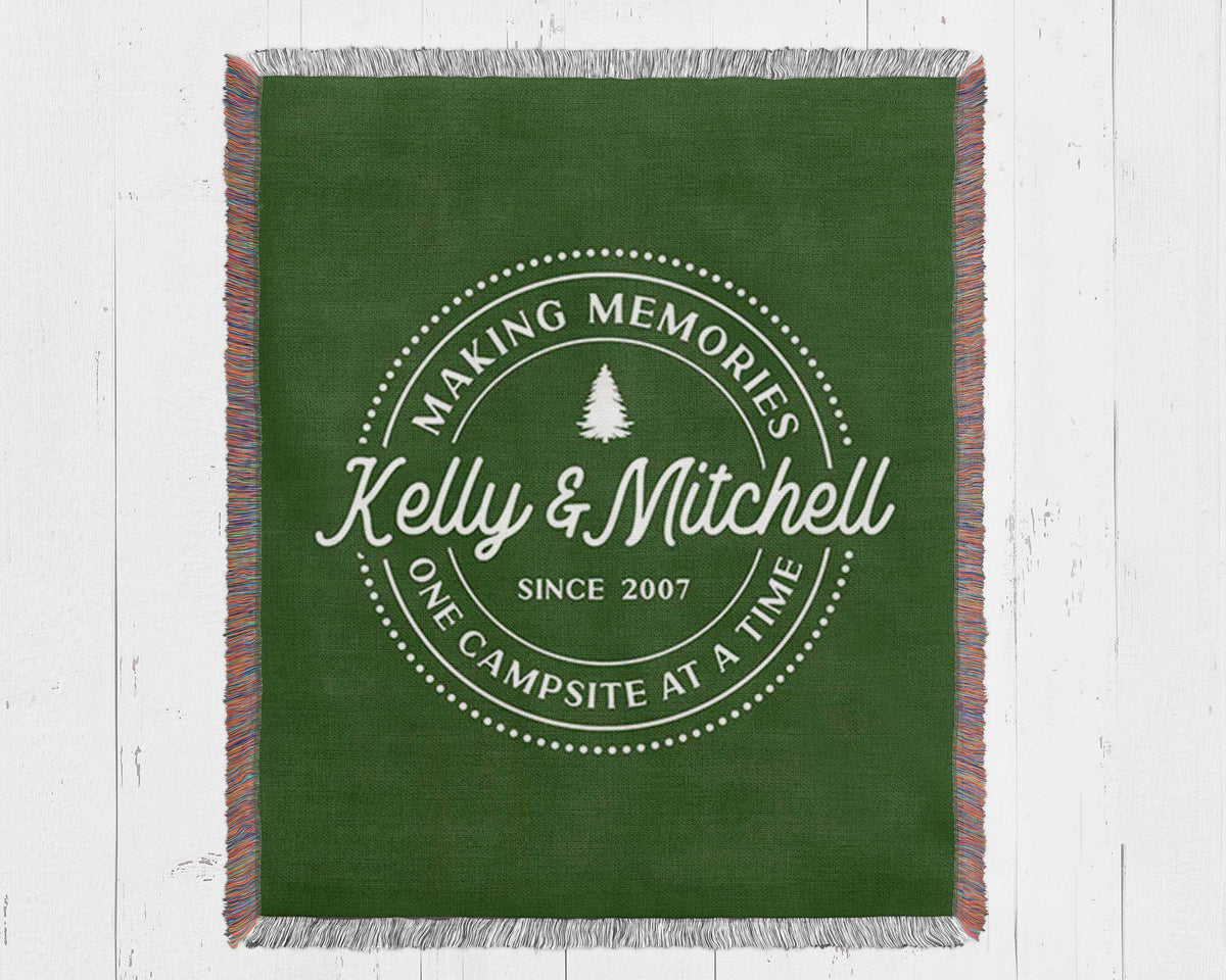 Custom Camping Woven Blanket: Personalized Family RV Camper Throw, RV Travel Trailer Decor, Gift for Outdoorsy Adventures Couple