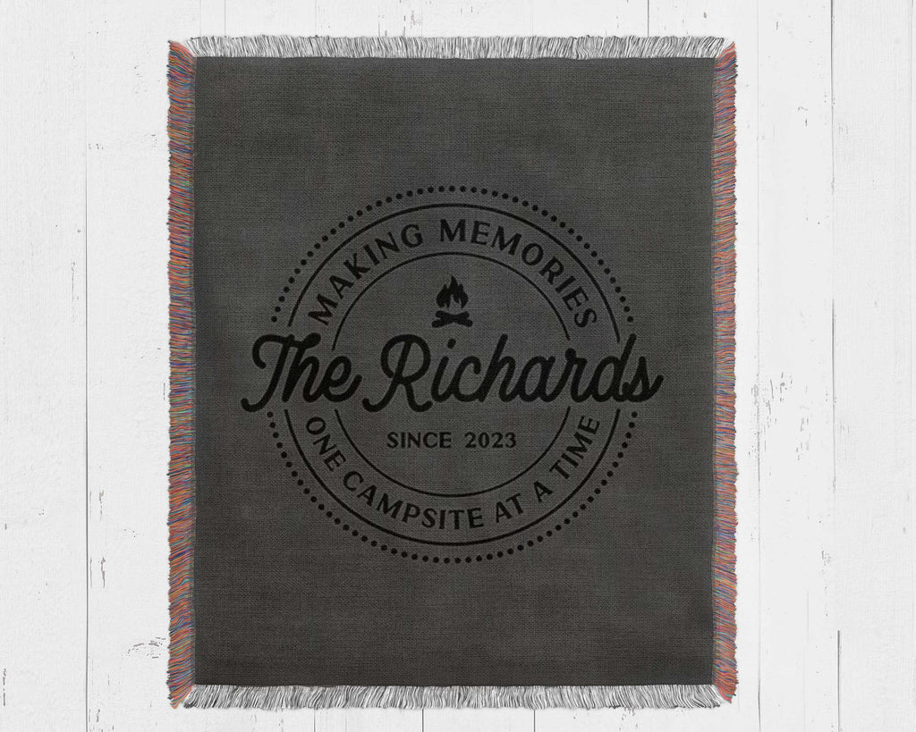 Custom Camping Woven Blanket: Personalized Family RV Camper Throw, RV Travel Trailer Decor, Gift for Outdoorsy Adventures Couple