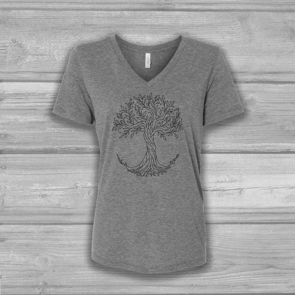 Tree of Life Womens V-Neck T-Shirt, Rooted: Bella Relaxed Fit, Lightweight, Soft Top