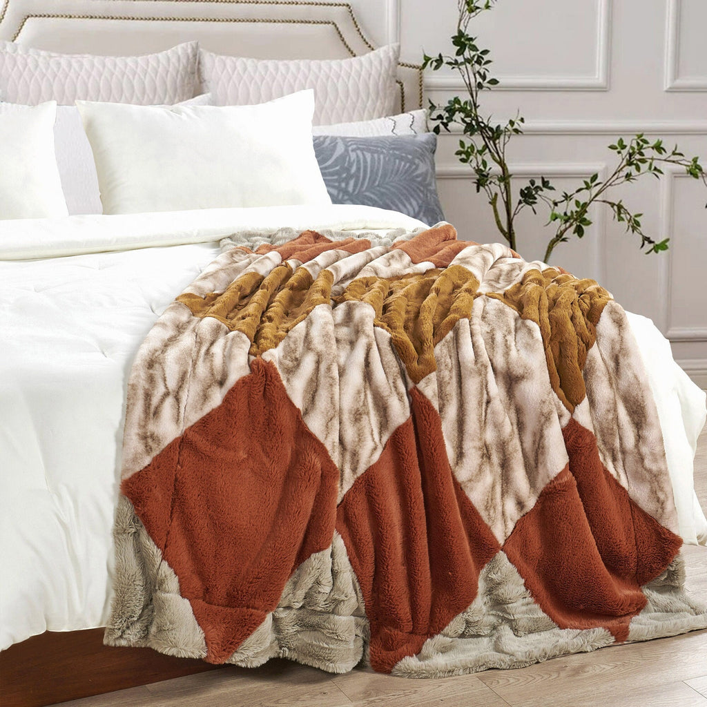 Plaid Patchwork Faux Fur Throw Blanket, Cozy Farmhouse Plush Couch Throw (60" x 70"), Rustic Home Decor Gift
