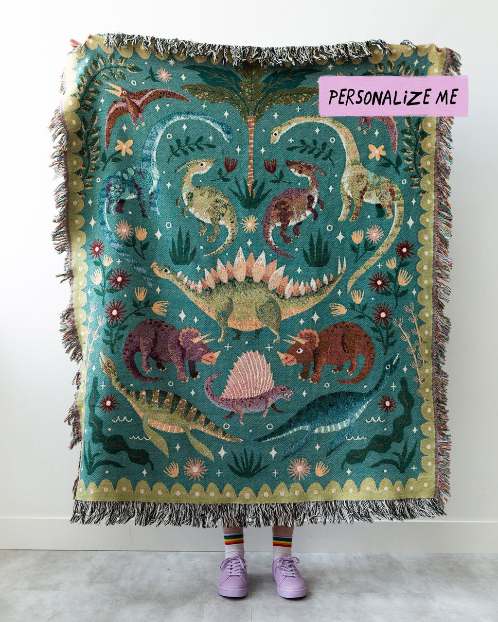 Dinosaur Personalized Throw Blanket: Woven Cotton Throw, Cute Stegosaurus Brontosaurus Triceratops, Colorful Kids Teen Bedroom, Christmas