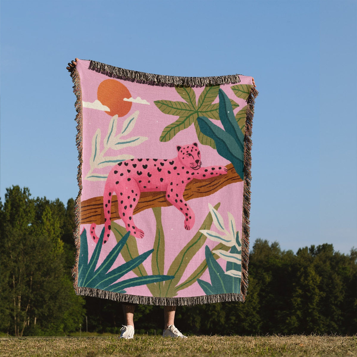 Pink Leopard Woven Throw Blanket: Tropical Jungle Tapestry