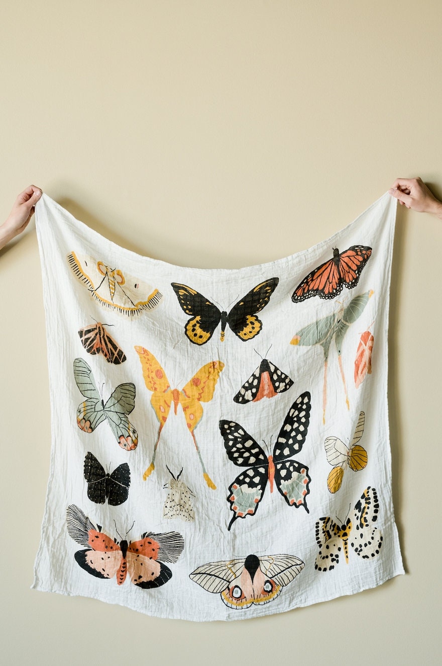 Butterfly Collector Print Oversized Blanket for Big Kid Beds | Quilt | Swaddle by Clementine Kids | 100% Muslin Cotton| Gift Idea