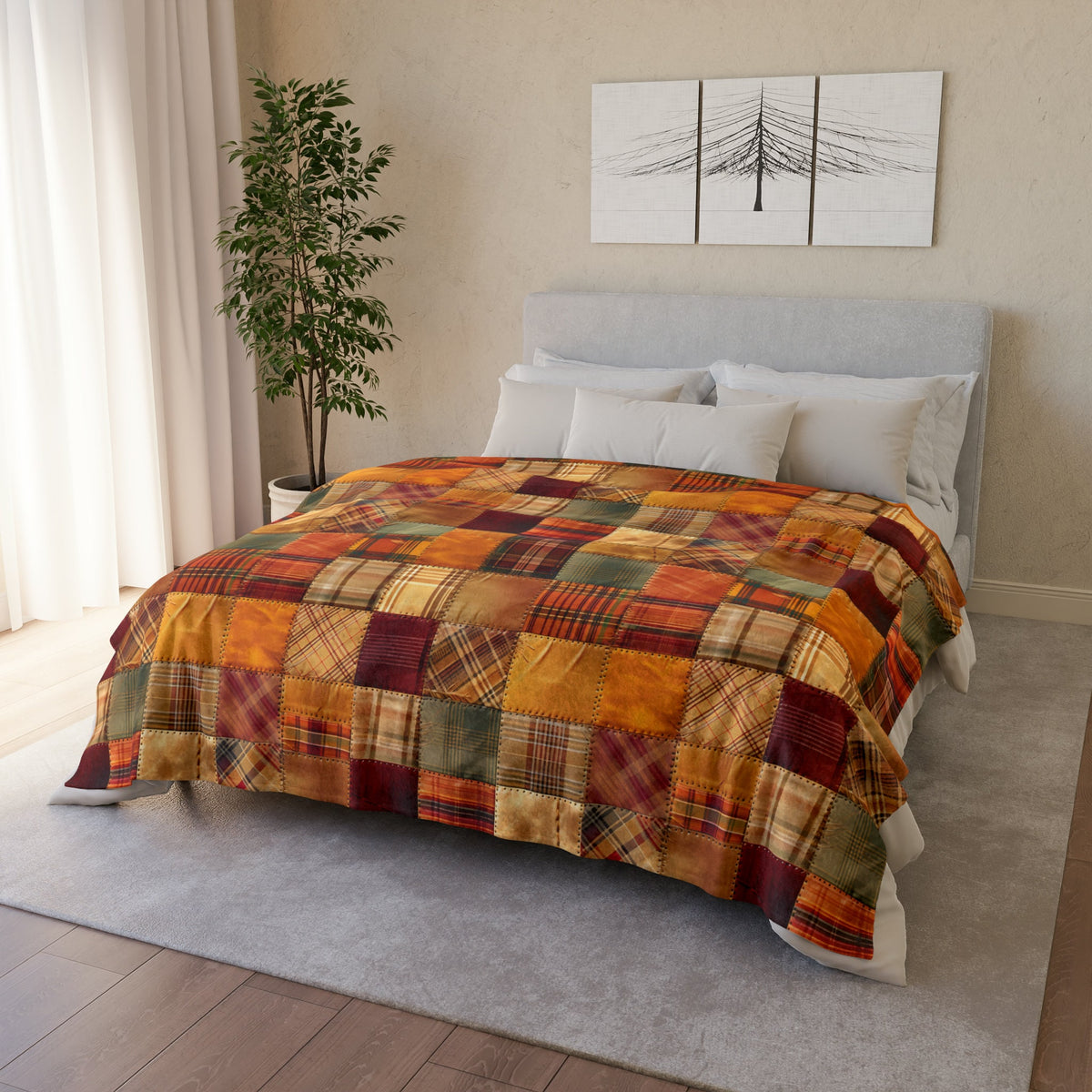 Pretty Fall Colors Patchwork Quilt 3D Print on Super Soft Minky, Plush Blanket, Autumn Home Décor, Farmhouse, Halloween Fall Vibe, Cozy Gift