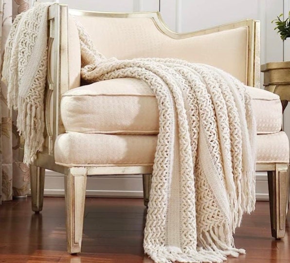 Knitted BEIGE Throw Woven Couch Throw Soft Cosy Bed Armchair Blanket Comfy Hand Knitted Throw Gifts Christmas GiftGifts for Her/Him