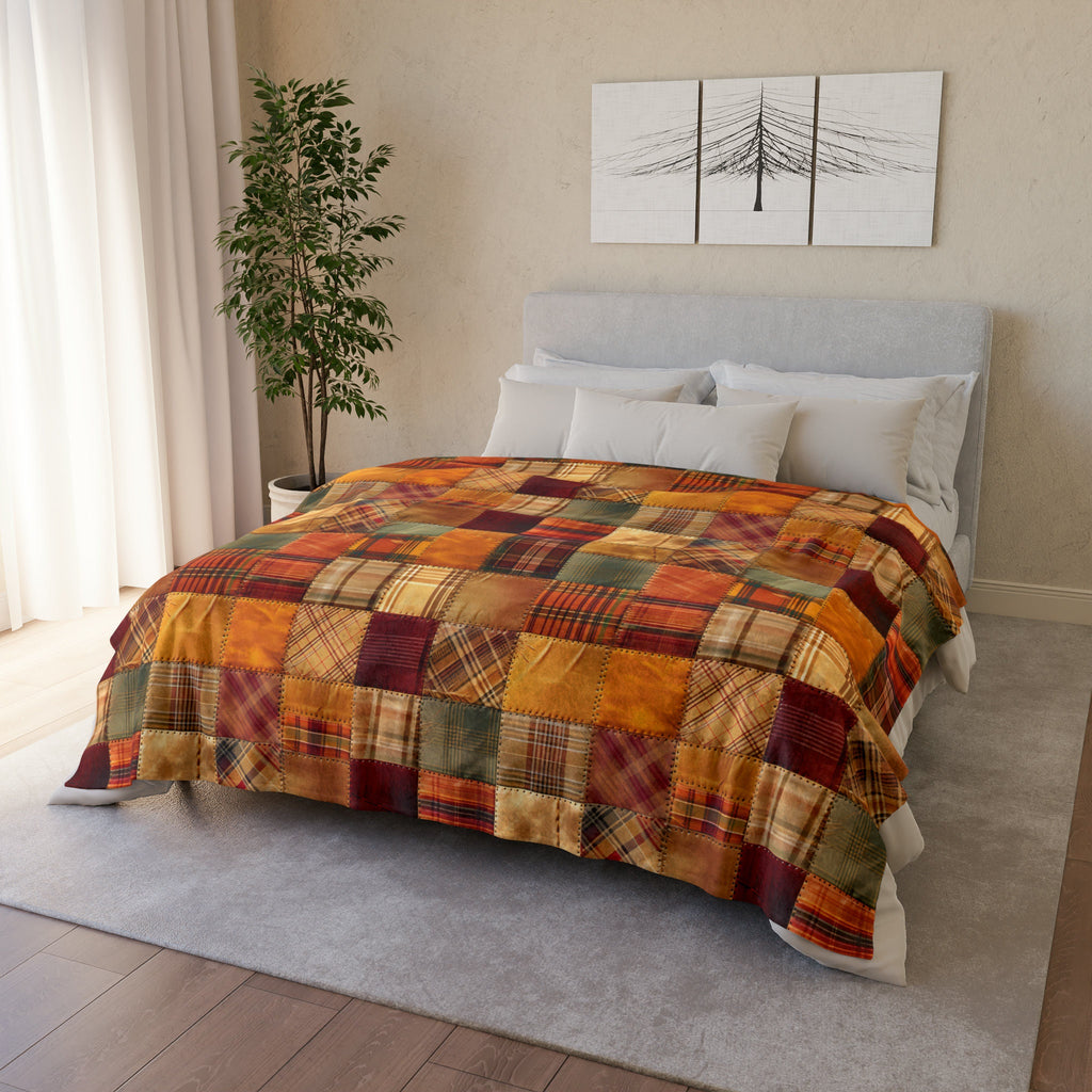 Pretty Fall Colors Patchwork Quilt 3D Print on Super Soft Minky, Plush Blanket, Autumn Home Décor, Farmhouse, Halloween Fall Vibe, Cozy Gift