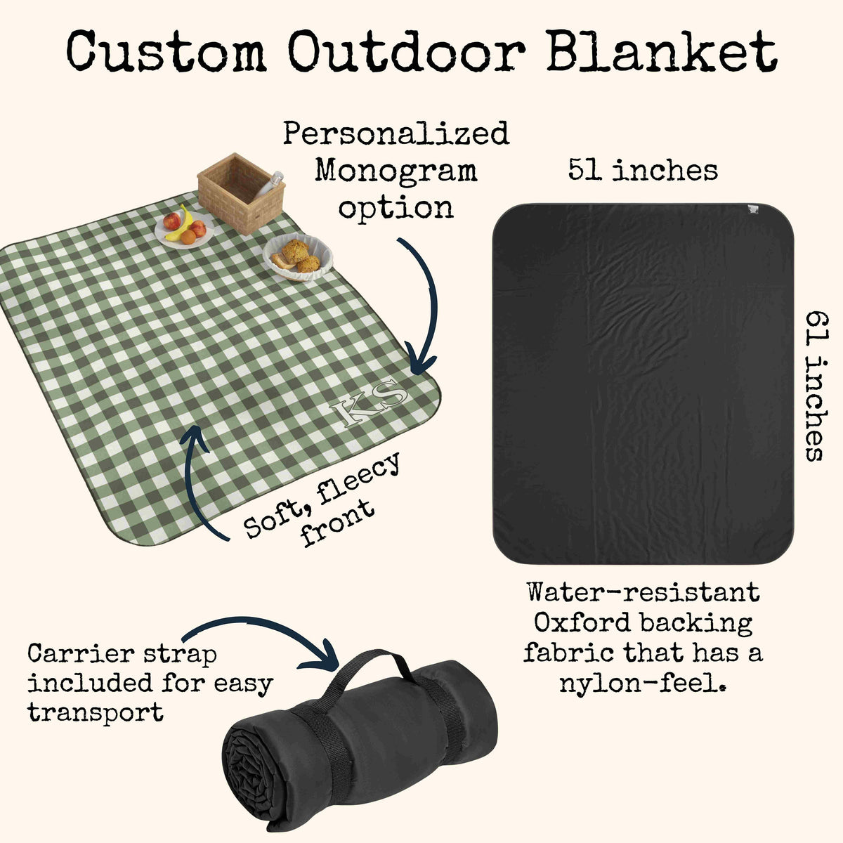 PERSONALIZED PICNIC BLANKET Sage Green Gingham| Monogrammed Cottagecore Outdoor Custom Blanket | Green Checkered Retro Vintage Aesthetic
